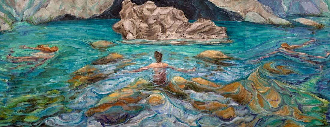 Il bagno delle dee, olio su tela, trittico, 100 x 280 cm, 2020