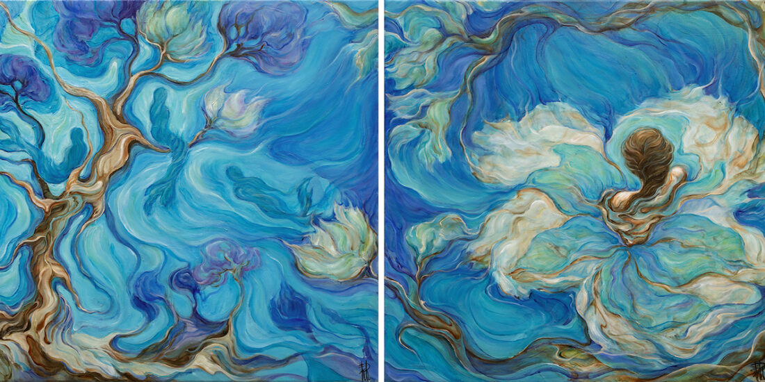 Into the Blue , wood , flower , olio su tela dittico 50 x 100 cm 2024